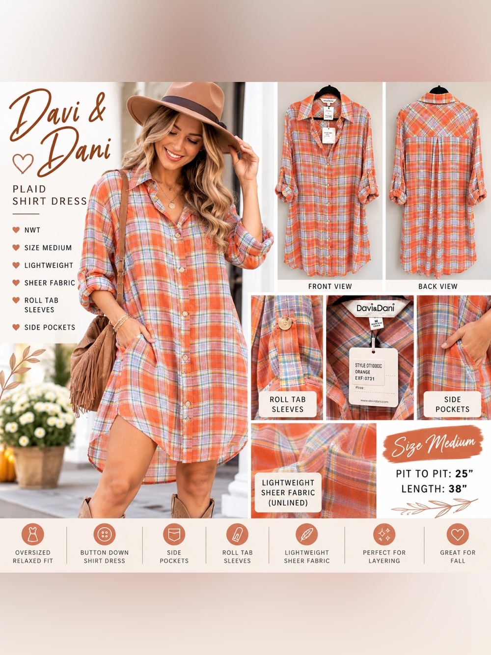 NWT Davi & Dani Orange Plaid Oversized Shirt Dress Roll Tab Sleeve M